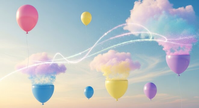 Des ballons color&eacute;s aux formes de nuages ​​flottent dans un ciel bleu &eacute;clatant.