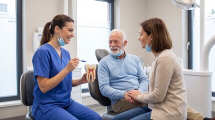 Fototapeta premium Senior dental consultation with caregiver, Supportive oral healthcare, Dentist explaining tooth model, Clean clinic family care, Healthy aging