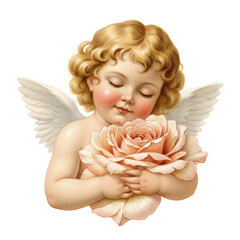 Fototapeta premium Cute cherub kid holding a delicate pink rose. Angel baby with curly blonde hair and white wings. Romantic vintage illustration for Valentine Day card, wedding decor and spring design.