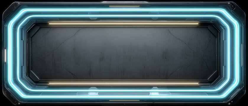 Wide futuristic sci-fi frame with glowing blue neon borders and dark industrial texture. High-tech cyber interface background for gaming, streaming and digital presentations.