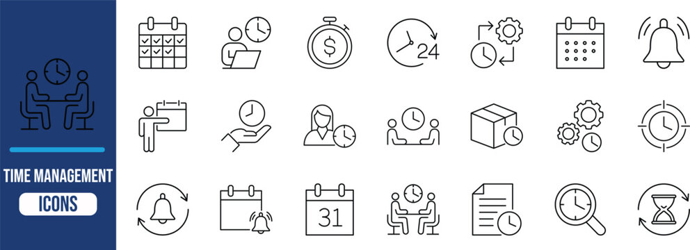 Productivity and time management icons. calendar icon set, clock icon set, stopwatch icon set