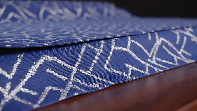 Closeup of Blue Fabric Rolls with Geometric Silver Pattern.
