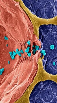 Microscopic plastic fragments infiltrating human body tissue, visualizing environmental contamination dangers, organism health threats, and cellular damage impact.