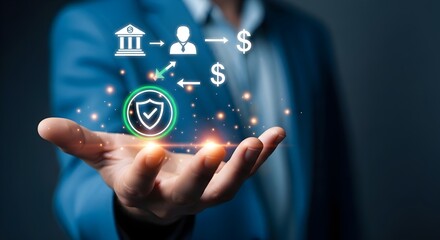 Fototapeta premium Businessman holding a digital interface showing financial security and transaction flow icons, symbolizing trust and safety in business.