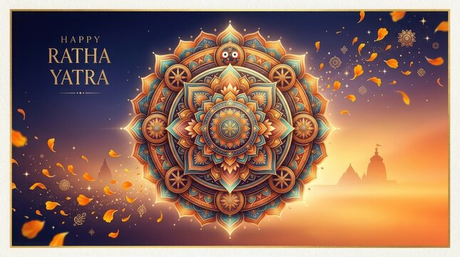 Happy ratha yatra religious festival India with central mandala symbol and bright orange background.