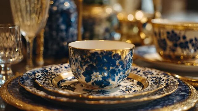 Blue and white floral porcelain tea cup and plates with gold rim creating an elegant table setting