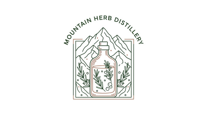 Mountain Herb Distillery Logo: Bottle with Herbs, Mountains, and Nature Elements
