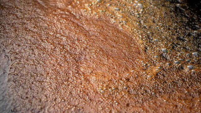 View of thick molasses bubbling and boiling in a large vat during the traditional jaggery production process Natore, Rajshahi Division, Bangladesh.