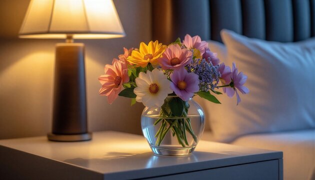 Fresh flowers in a vase on hotel nightstand with soft lighting  