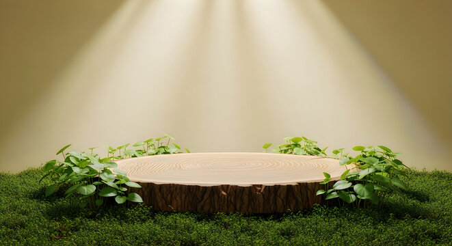 Product display podium made of a tree trunk slice surrounded by green plants and moss under a spotlight.