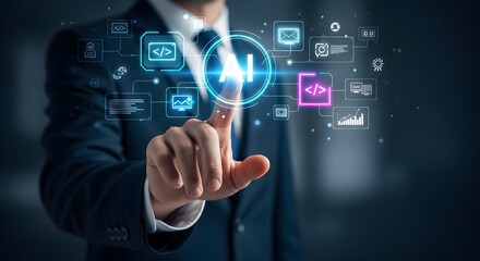 Fototapeta premium Businessman touching AI icon with digital interface and futuristic technology symbols in dark background
