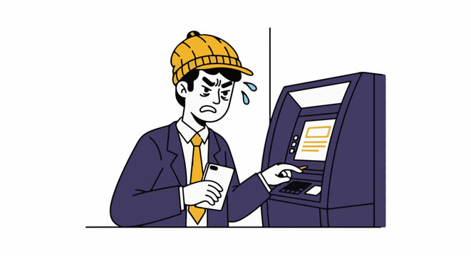 Stressed businessman using an ATM machine indoors.