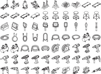 Obraz premium A comprehensive collection of isometric line art icons representing various tools and equipment. This visual assortment showcases diverse mechanical elements.