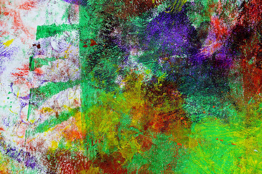Dirty abstract grunge paint background with messy acrylic textures, rough monoprint marks and expressive mixed media details. Raw colorful artistic backdrop inspired by experimental contemporary art.