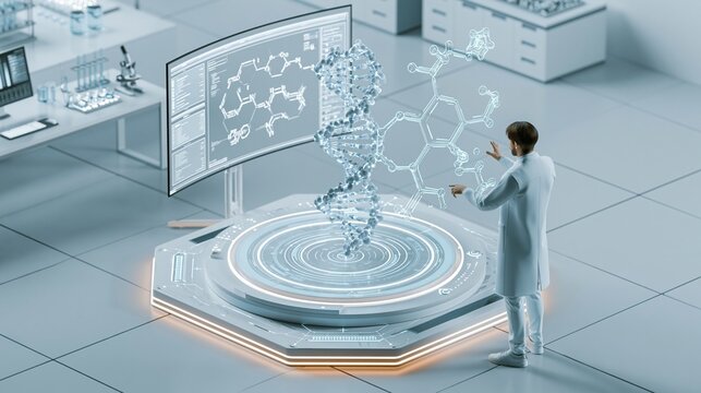 Isometric view focused on a molecular helix graphic beside a researcher avatar manipulating virtual drug compounds set in a sterile lab with polished commercial style and high