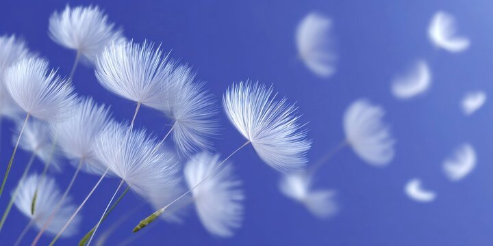 blue background with floating white dandelion seeds