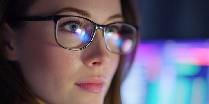 a womans eye wearing glasses, looking at a computer screen. the reflection in the glasses shows colorful lights and a blue light