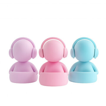 Three 3d avatar characters in headphones listening to music and podcasts, representing user profiles and community connection on transparent background