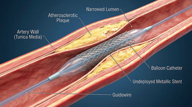 Medical illustration of angioplasty stent placement in artery
