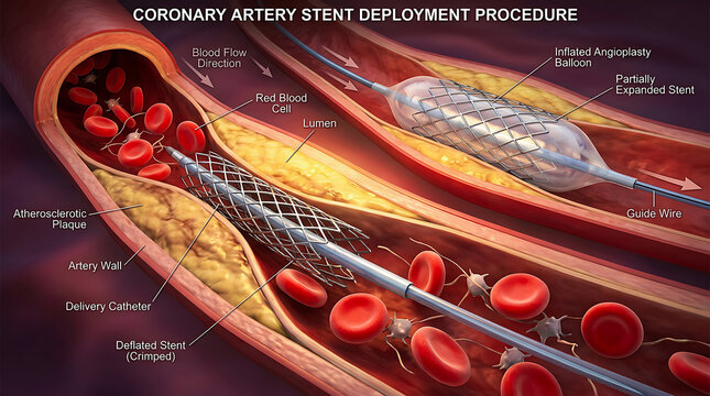 Coronary artery stent deployment procedure medical illustration