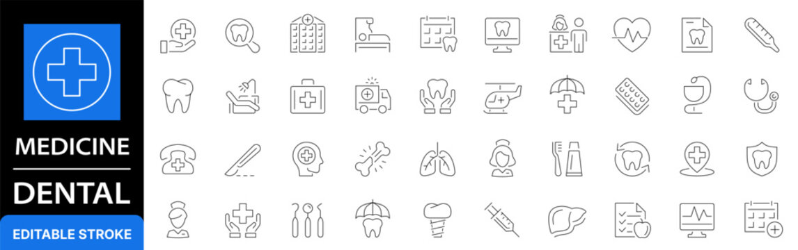 Medicine and dental line icon set. Medical healthcare, dentistry, hospital, tooth care and doctor outline symbols. Editable stroke.