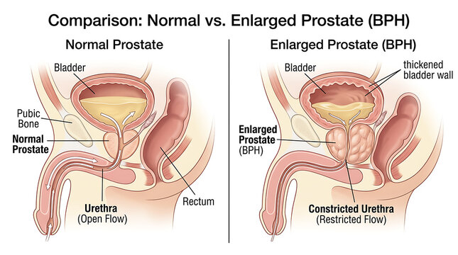 Comparison diagram of normal and enlarged prostate gland with bph