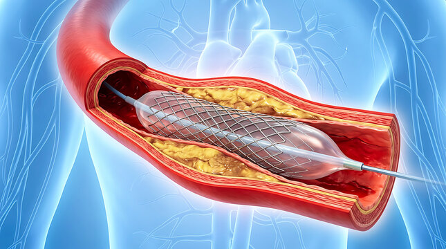 Medical illustration of coronary angioplasty with balloon catheter