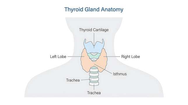 Medical illustration of human thyroid gland anatomy and trachea
