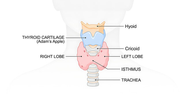 Anatomical diagram of human thyroid gland lobe and isthmus structure