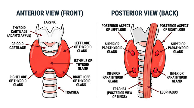 Anterior and posterior view of thyroid and parathyroid glands