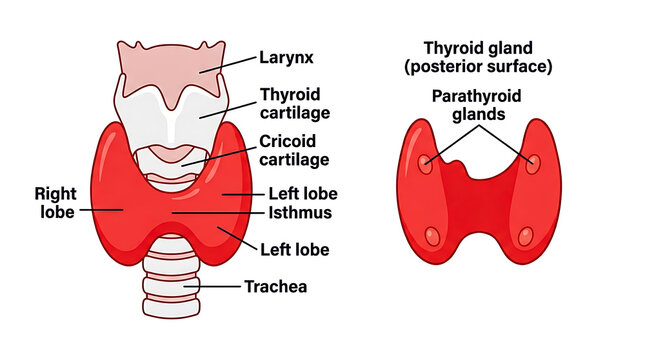 Educational illustration of human thyroid and posterior parathyroid