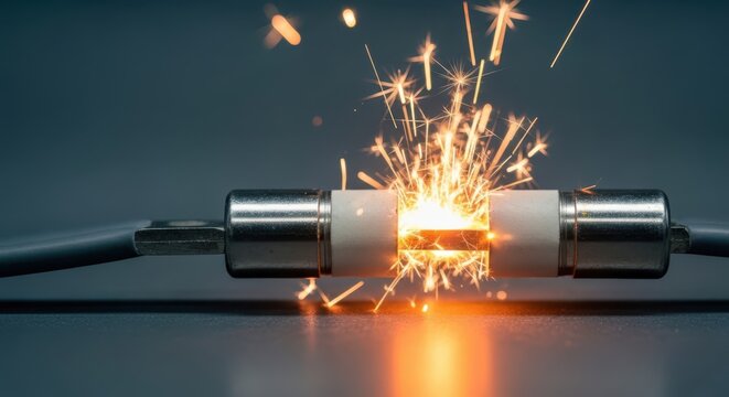 A close-up macro view of an electrical fuse exploding with bright sparks and intense light, showcasing critical circuit failure and overload protection.
