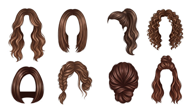 Set of brunette hair styles isolated PNG collection with fashionable female salon hairstyle designs