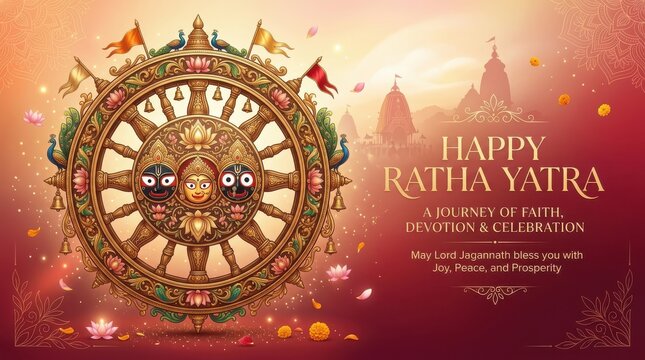 Happy ratha yatra a journey of faith devotion and celebration with lord jagannath balabhadra and subhadra on a wheel.