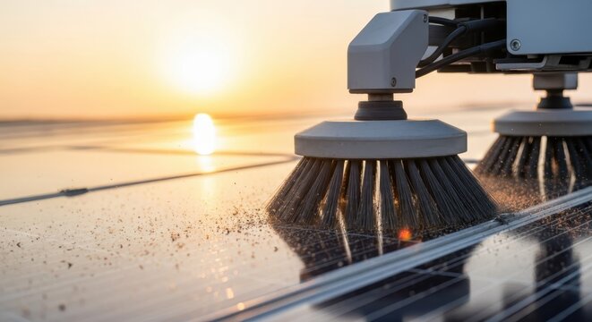 Automated cleaning robot brushes solar panels during a warm sunrise, optimizing renewable energy production efficiency.