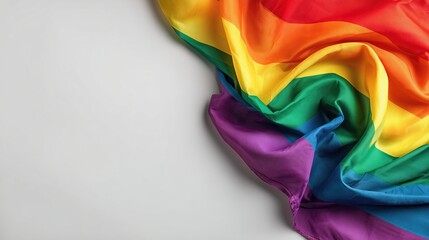 Obraz premium Draped rainbow silk fabric on gray background with copy space. Close up of pride flag with soft folds and texture. Colorful textile for LGBTQ awareness and celebration