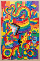 Obraz premium Colorful handmade paper collage for LGBTQ pride celebration. Vibrant art with rainbow heart, progress flag and love is love text. Diversity and inclusion concept background