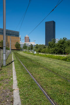 Tramway tracks in Lyon, France run through grass toward an urban tower, connecting transport infrastructure with open sky and architecture