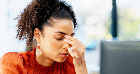 Headache, woman and stress with computer in office for ad fraud, bad client feedback or budget...