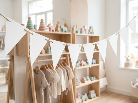 White triangle bunting flags in a bright minimalist nursery interior