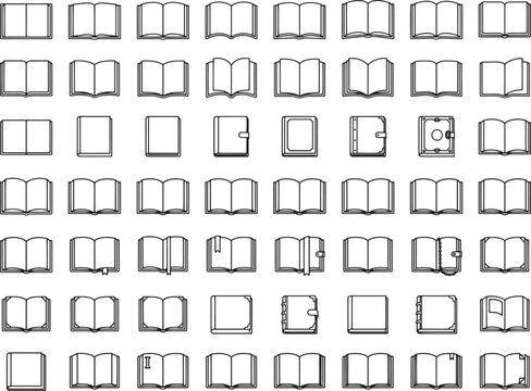 A collection of open and closed book icons, rendered in a minimalist line art style, showcase a variety of book formats and styles.