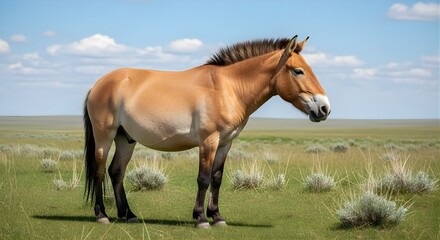 Obraz premium Przewalskis Horse Standing in a Grassy Steppe Landscape.