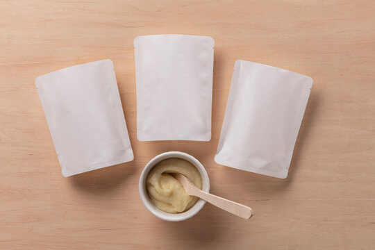 Still life of dummy food packaging for baby food.