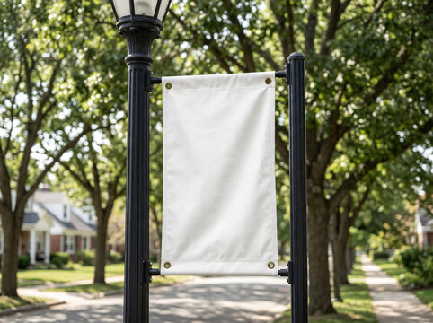 Blank White Fabric Banner Mockup on a Street Lamp Post Outdoors
