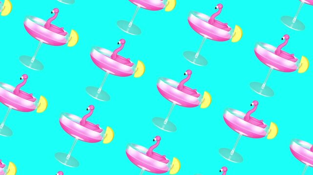Cocktail and flamingo float ring pattern background moves smoothly across a bright turquoise backdrop, playful summer party design for travel and vacation visuals, 3D animation