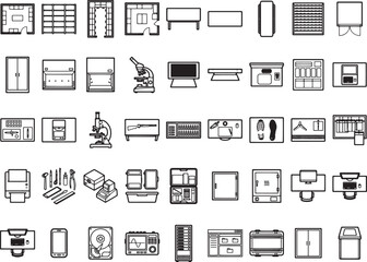 Fototapeta premium A collection of technical illustrations showcases various laboratory and office equipment, including microscopes, printers, computers, and furniture, presented in a clear, top-down schematic style.