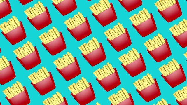 French fries pattern background moves smoothly across a bright turquoise backdrop, playful fast food themed design for snack, restaurant and menu visuals, 3D animation