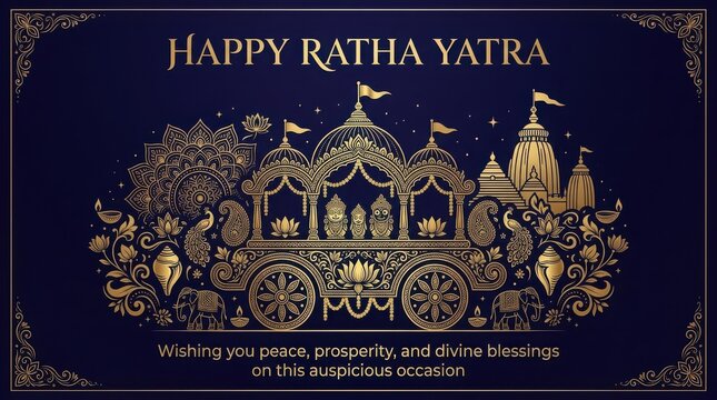 Elegant golden line art illustration of temple chariot with elephants and conch shells for ratha yatra auspicious celebration.