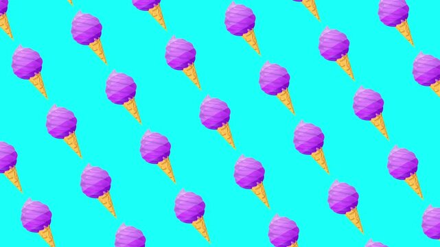 Purple ice cream cone pattern background moves smoothly across a bright turquoise backdrop, playful sweet dessert design for summer food and kids themed visuals, 3D animation
