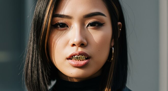 Close up portrait of stylish woman with gold grillz and bold makeup in dramatic urban lighting